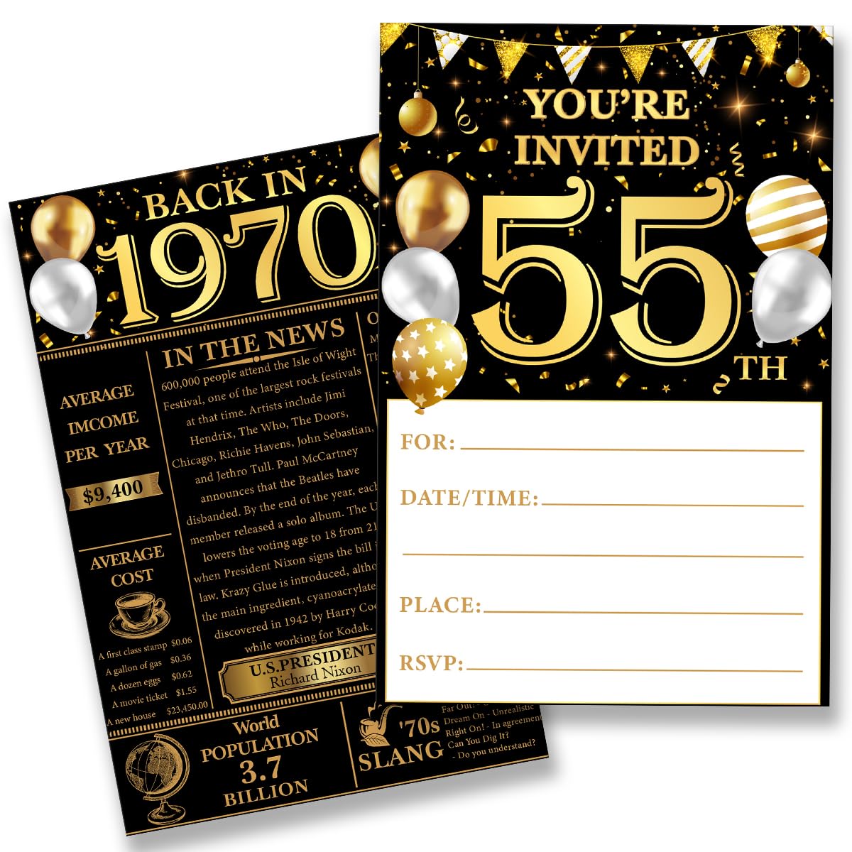 Photo 1 of 2 pak QZJ 55th Birthday Party Invitations for Women Men - Back in 1970 Invites 55 Year Old Birthday Invitations Set for Birthday Anniversary (20 Invitations and Envelopes)