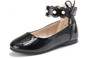 PANDANINJIA Girls Dress Shoes Flower Girl Flats Pearls Ballet Bow Mary Jane Ankle Strap Wedding Party Shoes for Toddler Little Big Kid