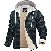 Cotrasen Flannel Jacket for Men with Hood Sherpa Lined Fleece Plaid Shirt Jacket Cotton Soft Warm Winter Coat with 5 Pokects
