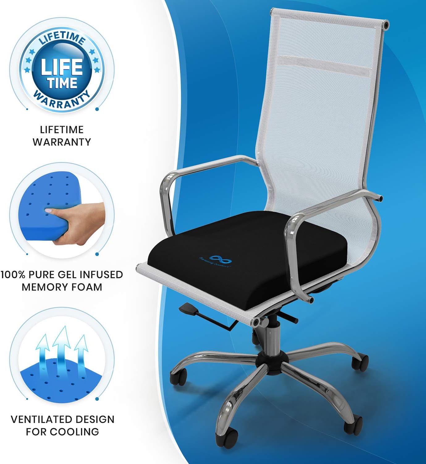Everlasting Comfort Pure Memory Foam Wheelchair Seat Cushion - Gel Infused and Ventilated - Designed for Hip and Tailbone Pain - Fits Office Chairs - Sciatica and Back Pain Relief: Home & Kitchen