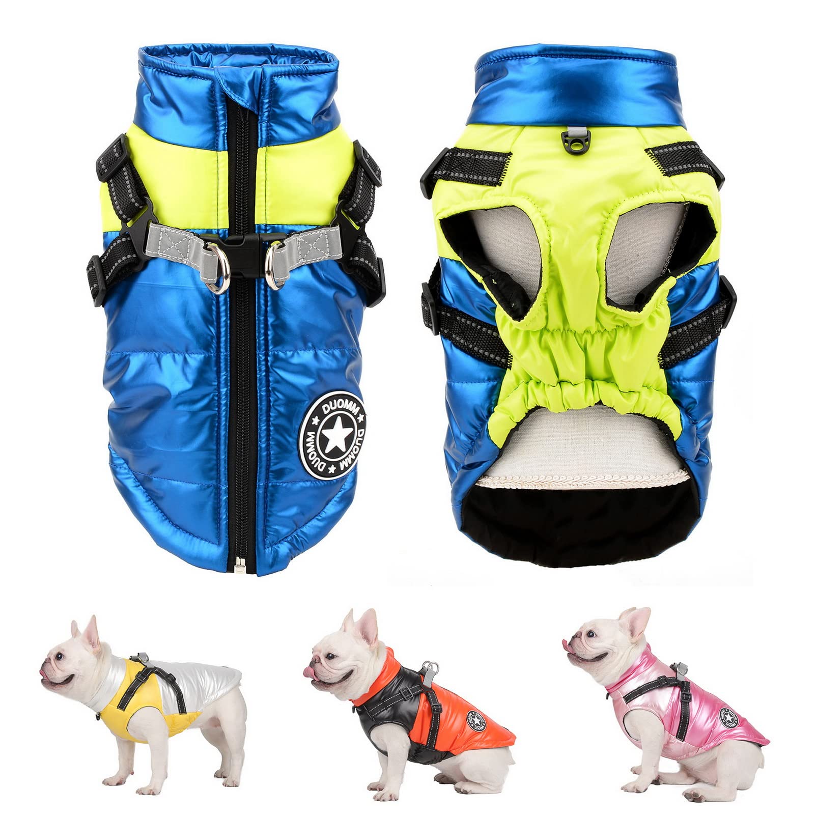 SMALLLEE_LUCKY_STORE Pet Colorblock Sport Waterproof Winter Jacket Vest with Harness D-ring for Small Medium Dog Cat Zip-up Padded Puppy Coat Chihuahua Yorkie French Bulldog Warm Clothes,Blue,XL