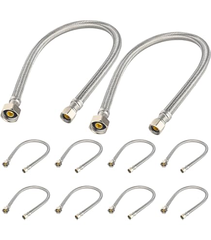 20" Faucet Supply Line Connector With 1/2" Fip X 3/8" Comp, Brass Nut, 304 Braided Stainless Steel Kitchen Faucet Hose For Kitchen Sink, 10 Pack