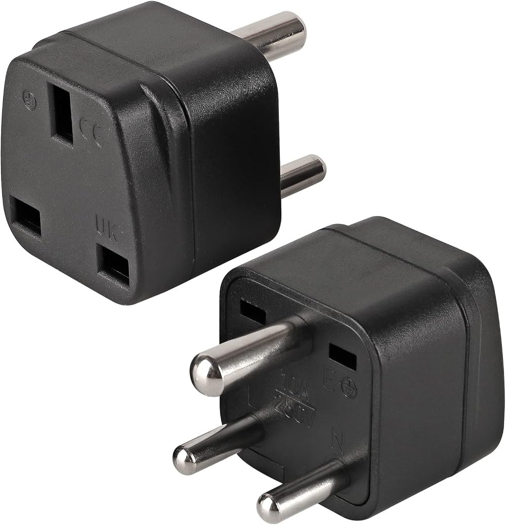 TENINYU 2-Pack UK to India Plug Adapters Grounded Universal Travel 3 Pin India