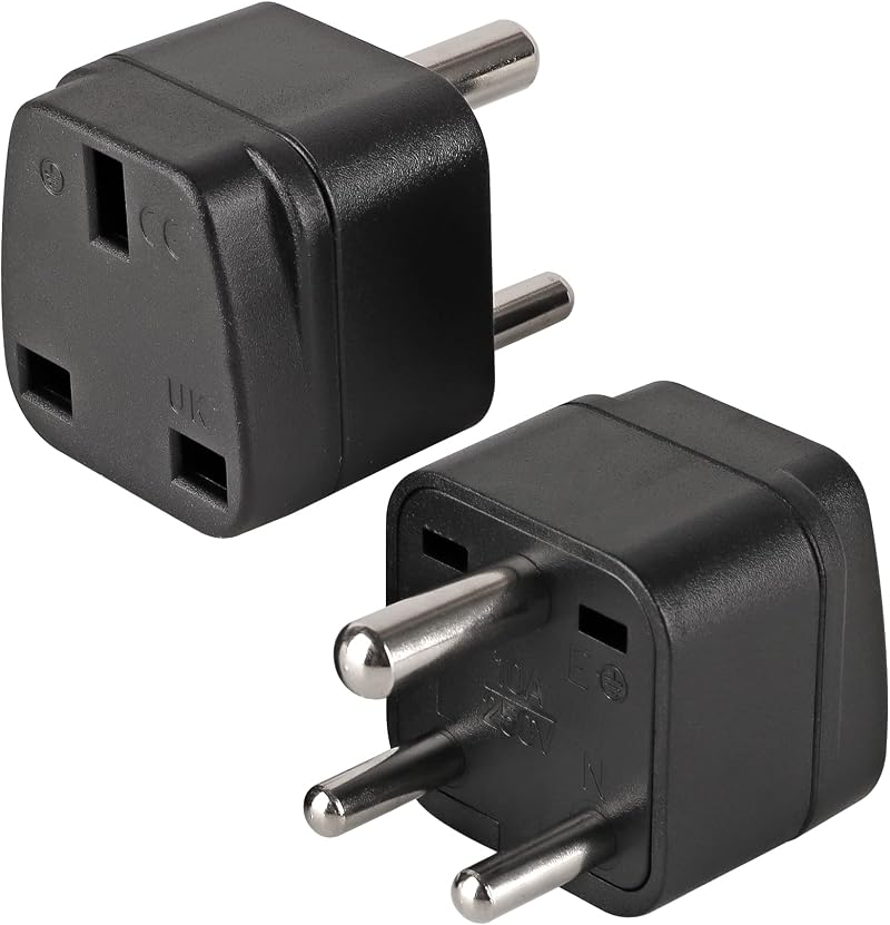 TENINYU 2-Pack UK to India Plug Adapters Grounded Universal Travel 3 Pin India