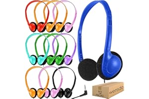 WENSDO Kids Headphones Bulk 12 Pack for Classroom School Students, Wholesale Multi Color Wired Class Set Headphones for Children Toddler Boys Girls Teen and Adult (HY857,12 Mixed)