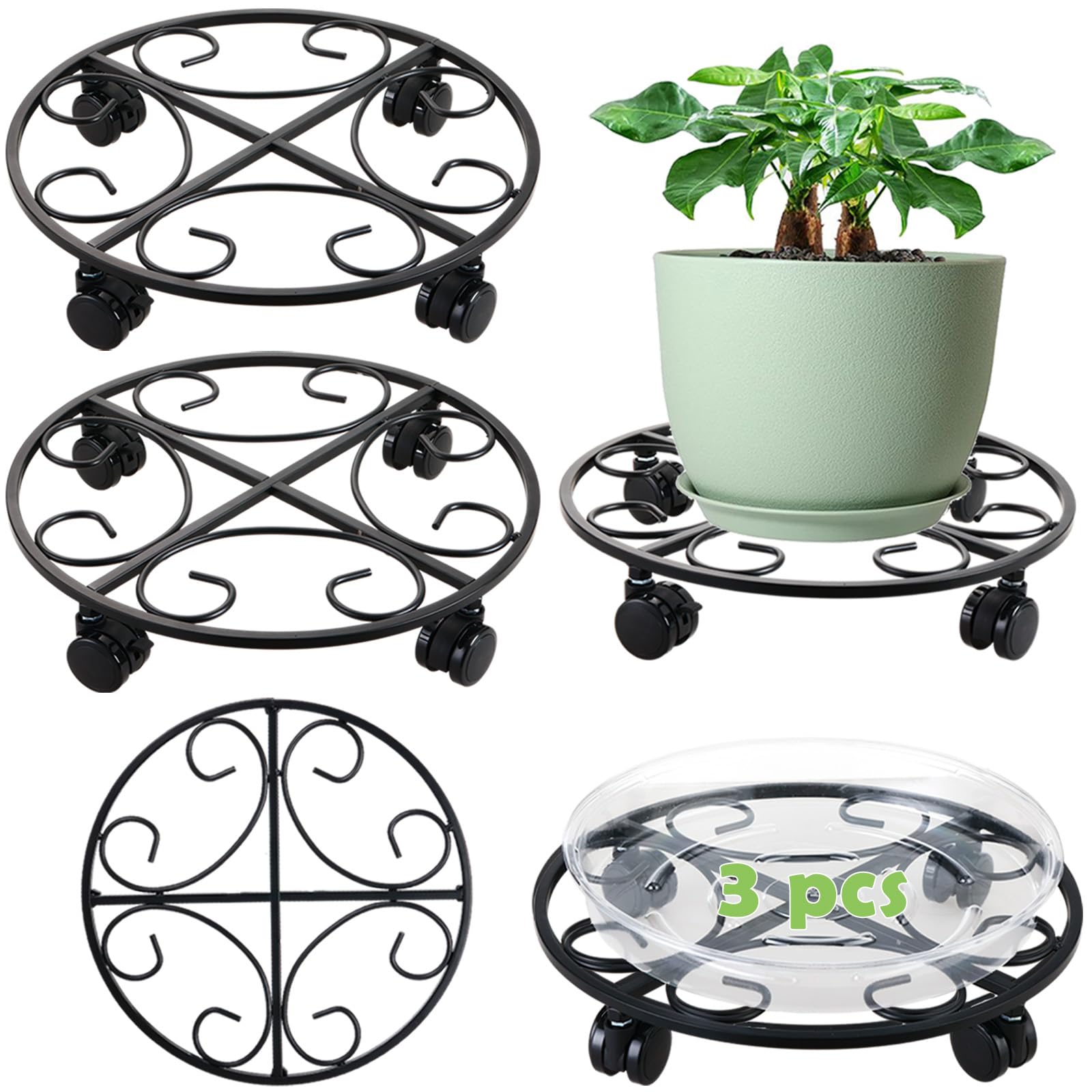 Photo 1 of 3 Packs 12" Metal Plant Caddy with Wheels Large Rolling Plant Stands Indoor Wheeled Plant Dolly Heavy-duty Pot Mover Roller Base Outdoor Plant Trolley Cart with Casters Water-proof Dust-proof, Black
