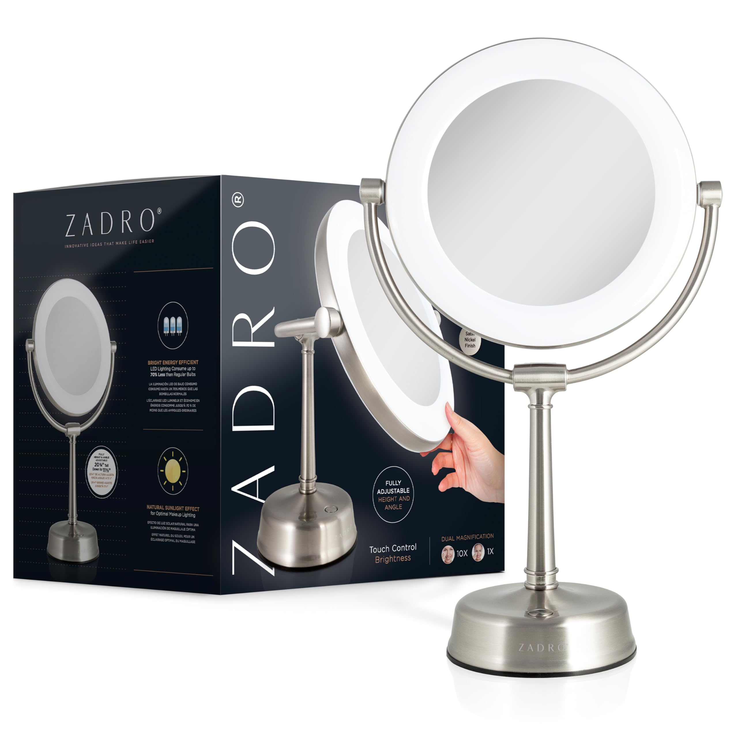 Zadro Lexington LED Lighted Makeup Mirror with Magnification Two-Sided Swivel Mirror with Lights for Makeup Desk Vanity (10X/1X, 12