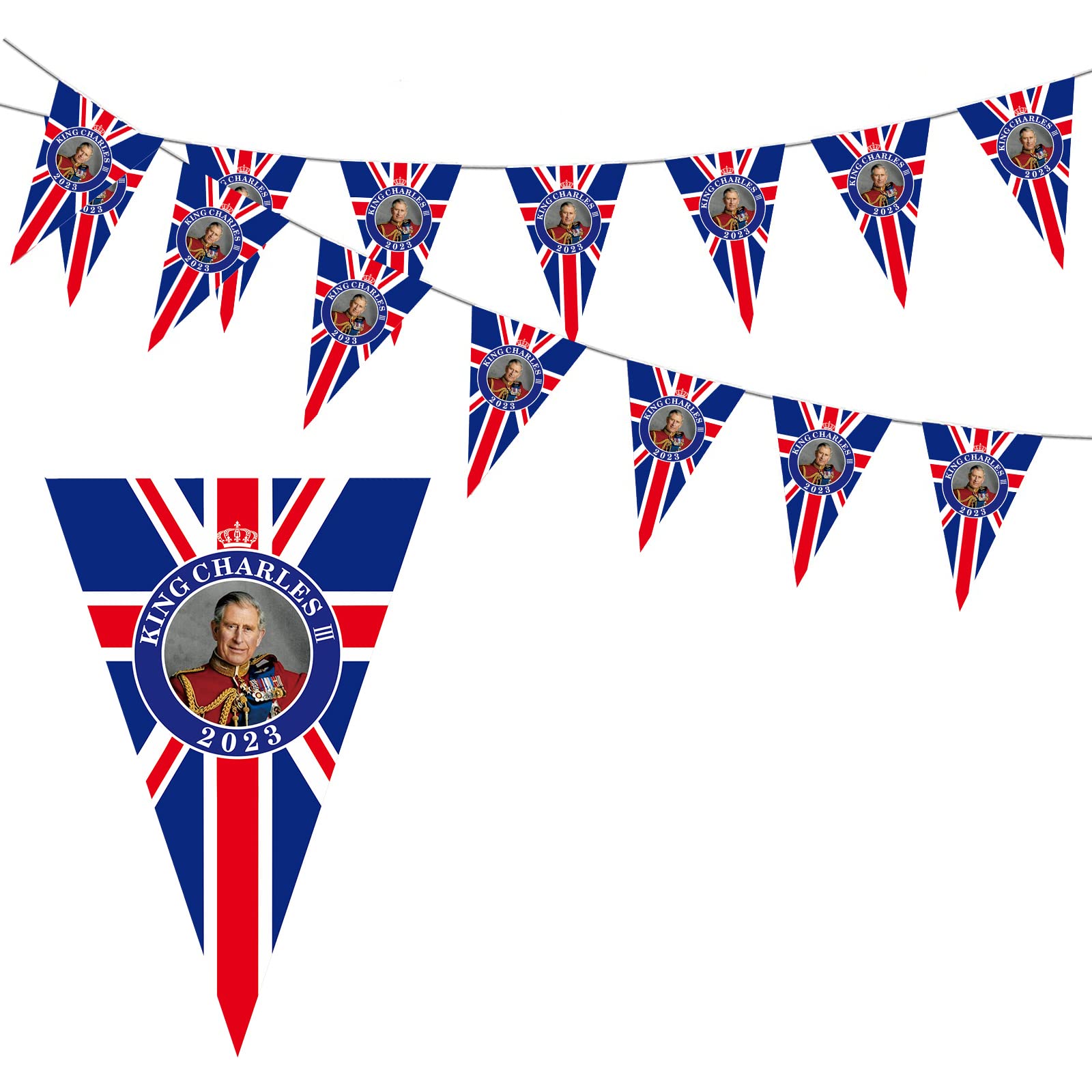 10M King Charles III Union Jack Coronation Souvenir Bunting Banner With 30 Triangle Flags for King Charles III Coronation Decorations,Street Party,Union Jack Party Britain Sporting Events Supplies