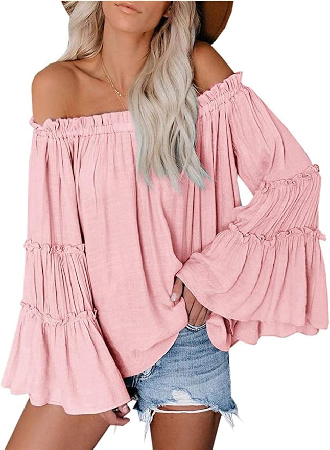 Womens Off The Shoulder Long Bell Sleeve Tops Flared Casual Loose