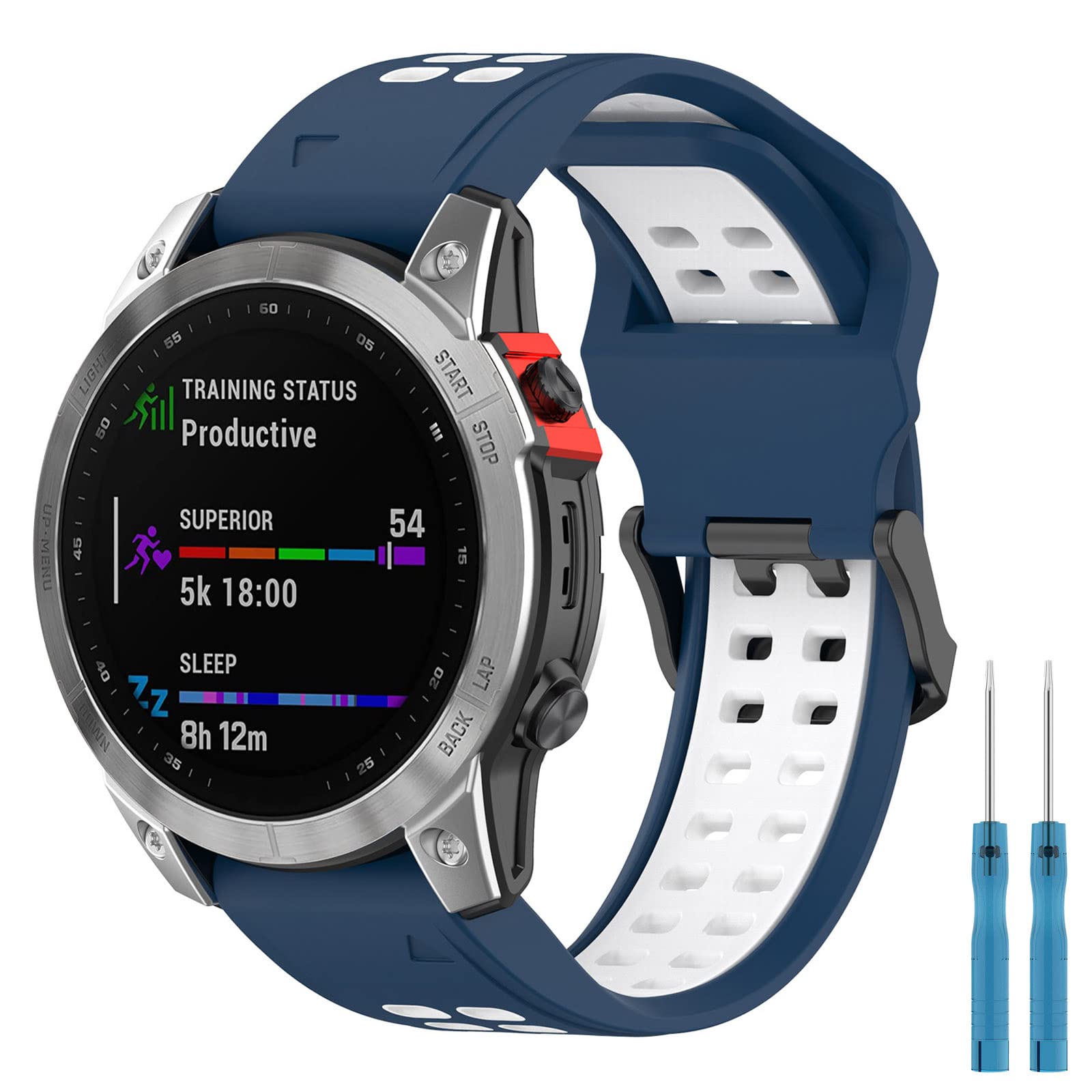 Miimall 20mm Quick Fit Silicone Strap Compatible with Garmin Fenix 7S, Soft Sports Band Breathable Lightweight Waterproof Adjustable Quick Release Replacement Wristband for Garmin Fenix 7S-Blue+White