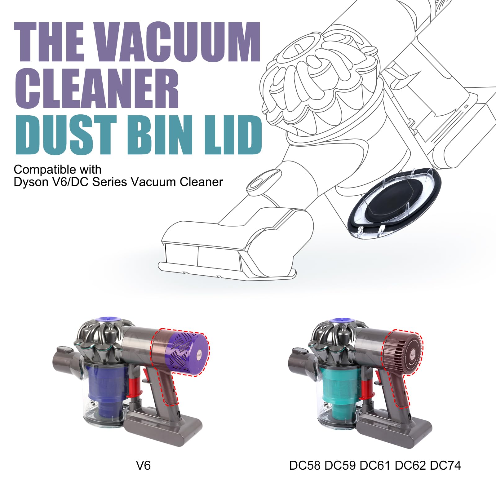 Dust Bin Lid Replacement Compatible with Dyson V6 Vacuum Cleaner DC58 DC59 DC62 DC72 DC74 Bin, Dust Bucket Cover Replacement Parts