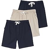 Real Essentials 3 Pack: Men's 7" Cotton Chino Golf Walking Shorts Elastic Waist Drawstring Back Pockets Casual Lounge Hybrid