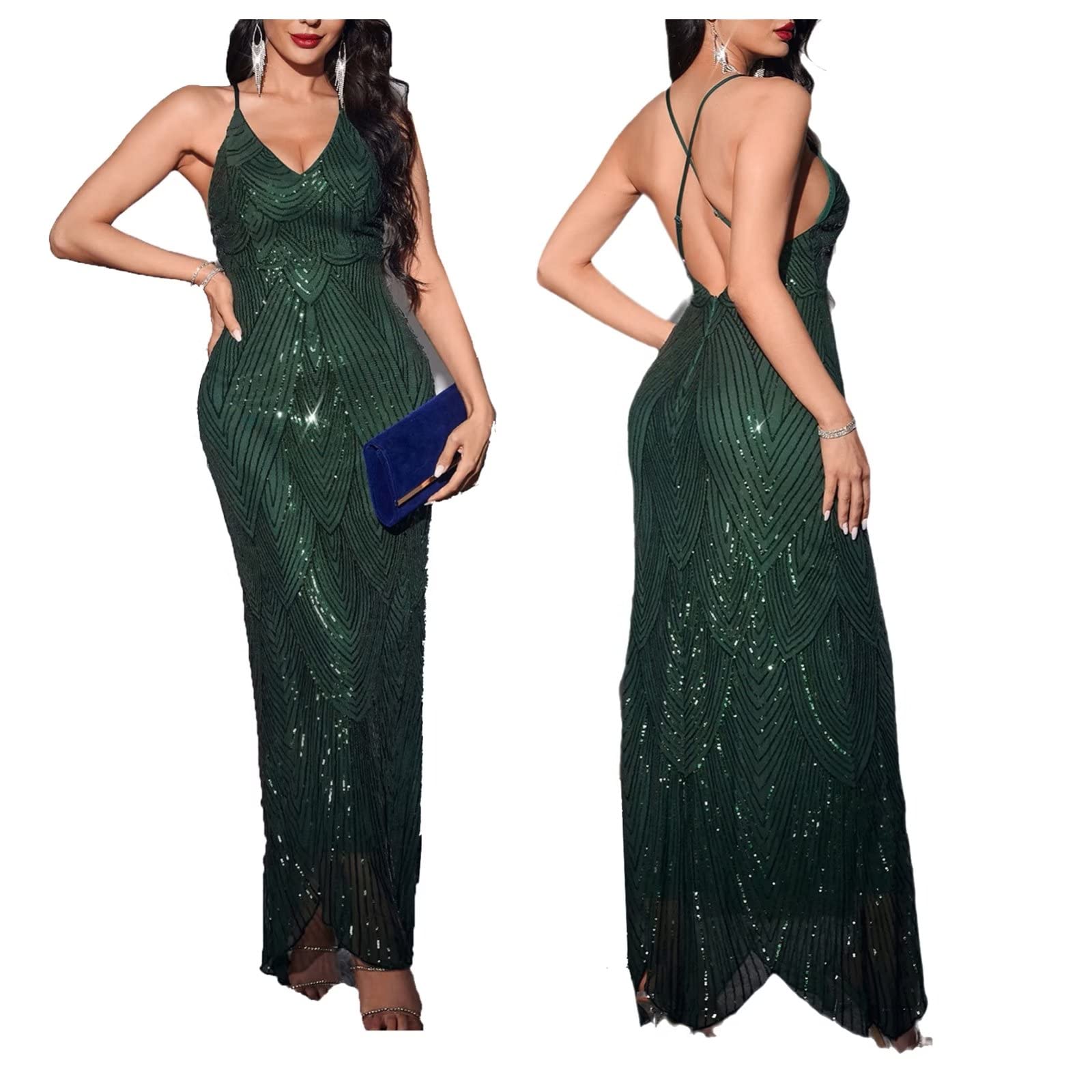 Women's V Neck Spaghetti Straps Sequin Sparkly