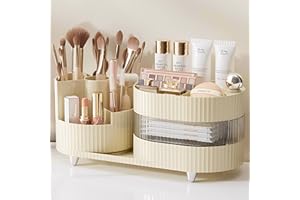 XING ZHONG Rotating Makeup Organizer for Vanity,3-Tier Makeup Countertop Organizer with Makeup Brush Holder,Large Capacity Cosmetic Storage Cases for Perfume Jewellry Lipstick,Bathroom Organizer