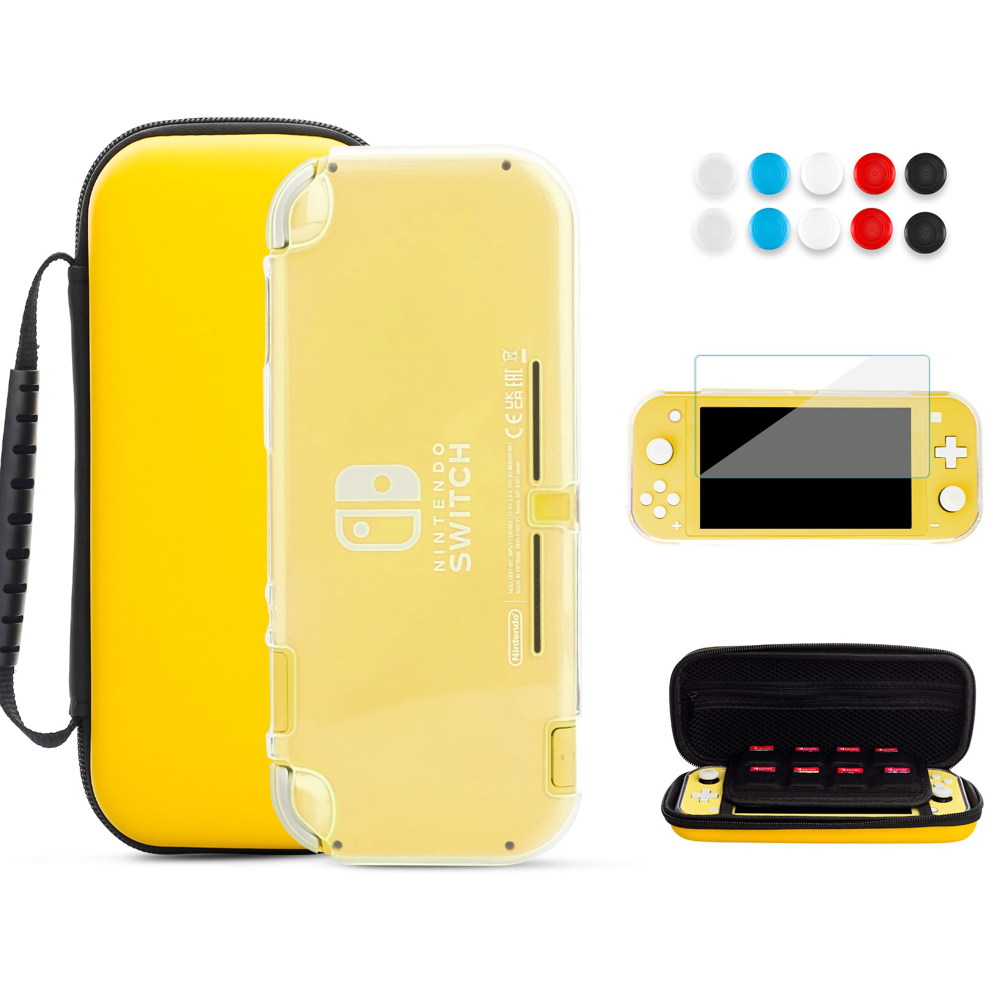 FANPL Switch Lite Accessories Bundle -Carrying Case for Nintendo Switch Lite ,witch 1 Clear Protector Case, 1 Screen Protector and 10 Thumb Grip Caps（Yellow）