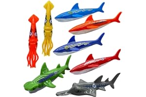 Haktoys Pool Dive Toy Set: Underwater Torpedo Toys for Kids, Practice Diving and Swimming, Multicolor Sinking Sharks and Squids (Set of 8 Pieces)