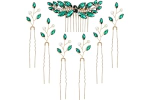 inSowni 7 Pieces Vintage Proms Bridal Wedding Glitter Green Rhinestone Crystal Gold Metal Hair Side Combs Slides U-shaped Hair Pins Accessories for Women Flower Girls Brides Bridesmaids