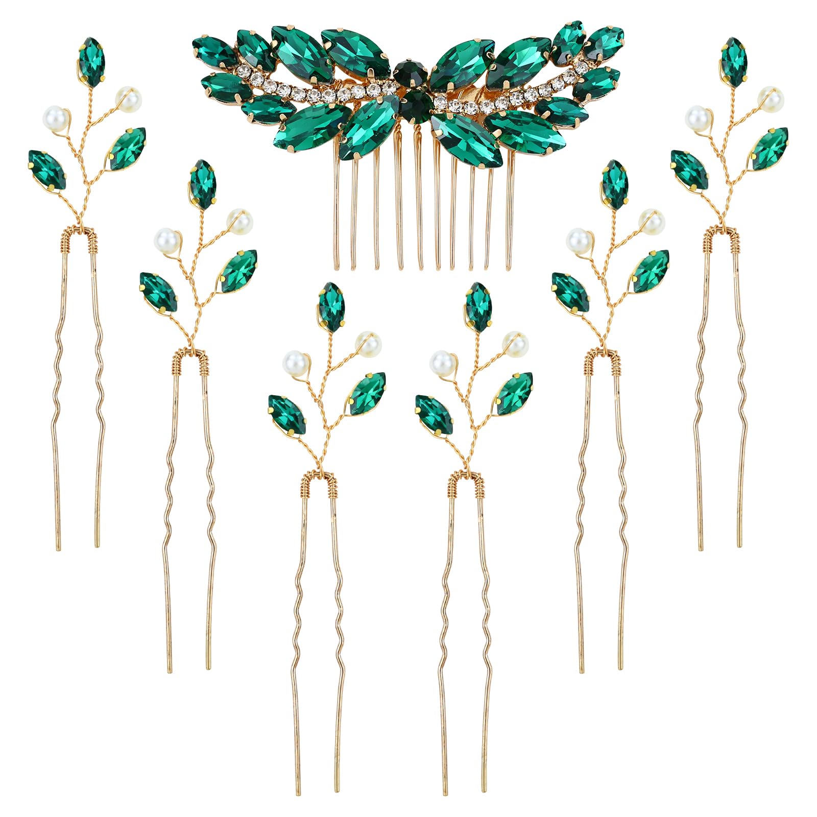 inSowni 7 Pieces Vintage Proms Bridal Wedding Glitter Emerald Green Rhinestone Crystal Gold Metal Hair Side Combs Slides U-shaped Hair Pins Accessories for Women Flower Girls Brides Bridesmaids