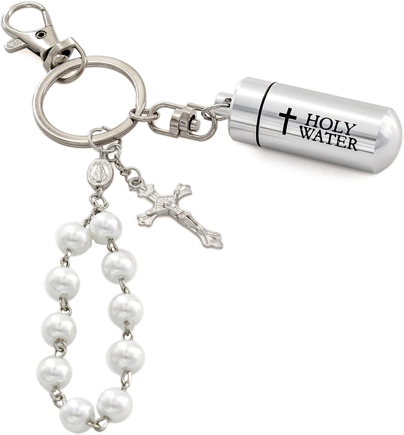 Holy Water Key Chain White Pearl One Decade Rosary and Silver Cross