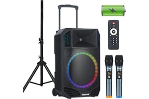 EXOTON S-1501 15 inch Portable Wireless PA Speaker System - 1600W Active Powered Bluetooth Compatible Speaker, Rechargeable Battery, Easy Carry Wheels, USB MP3 RCA, FM Radio, 2 UHF Microphone, Remote