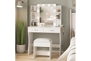 Vabches Vanity Desk with Lights,Makeup Vanity with Power Strip,Dressing Table Set with 2 Large Drawers,Vanity Mirror 3 Lighting Color Adjustable,White