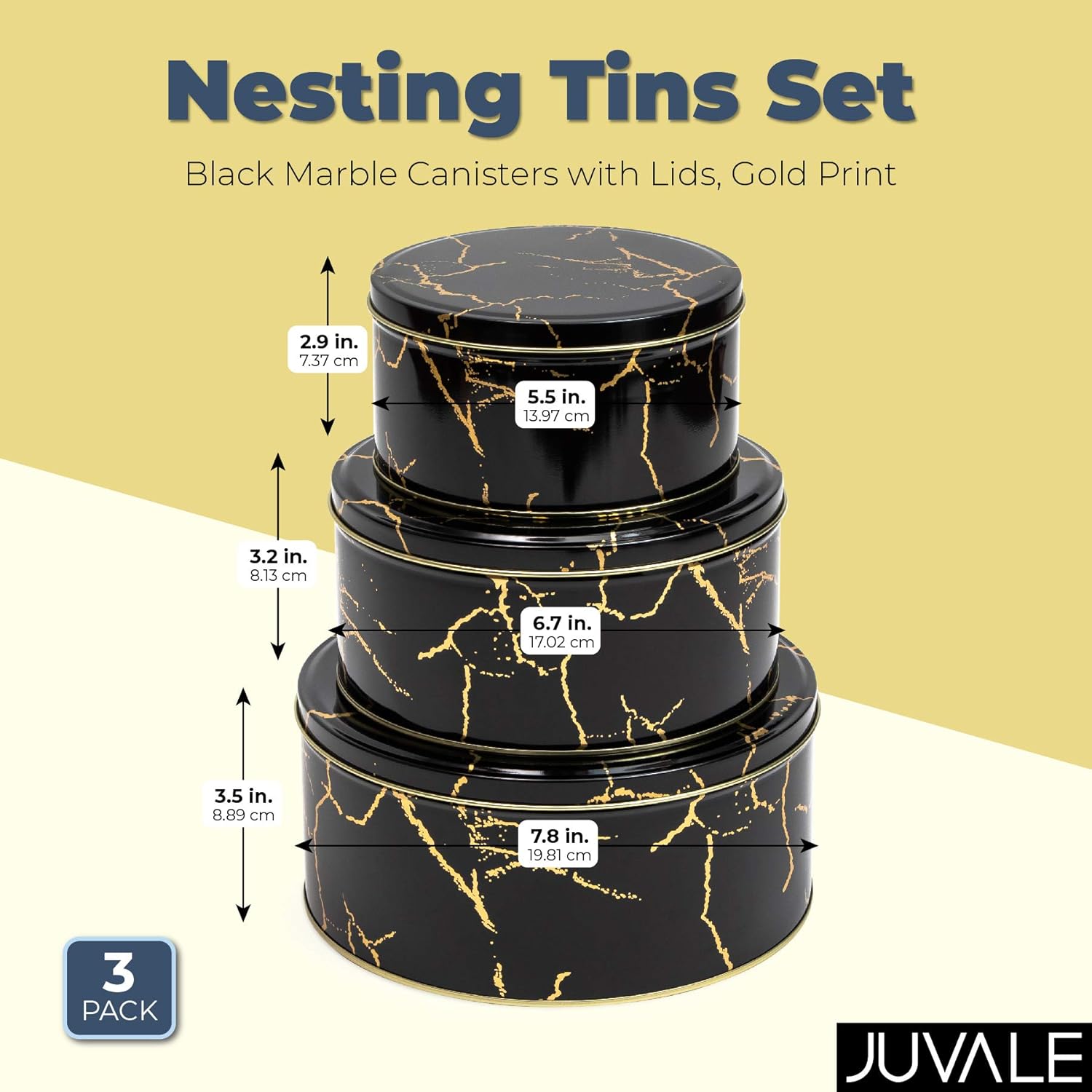 Juvale Nesting Tins Set White Marble Canisters With Lids Gold Print 3 Sizes