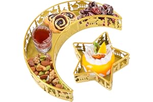 ANPHSIN Moon Star Shaped Trays - 2 PCS Ramadan Metal Serving Dishes for Eid Mubarak, Islam Muslim Al-Fitr Iftar Party Crescent Iron Platters Table Decor, Food Pastry Dessert Display Holder (Palace Pattern)