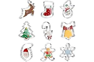 9 Piece Christmas Cookie Cutters Set- Stainless Steel Winter Holiday Cutter-Christmas Tree, Santa Face Shapes, Snowman, Cane,