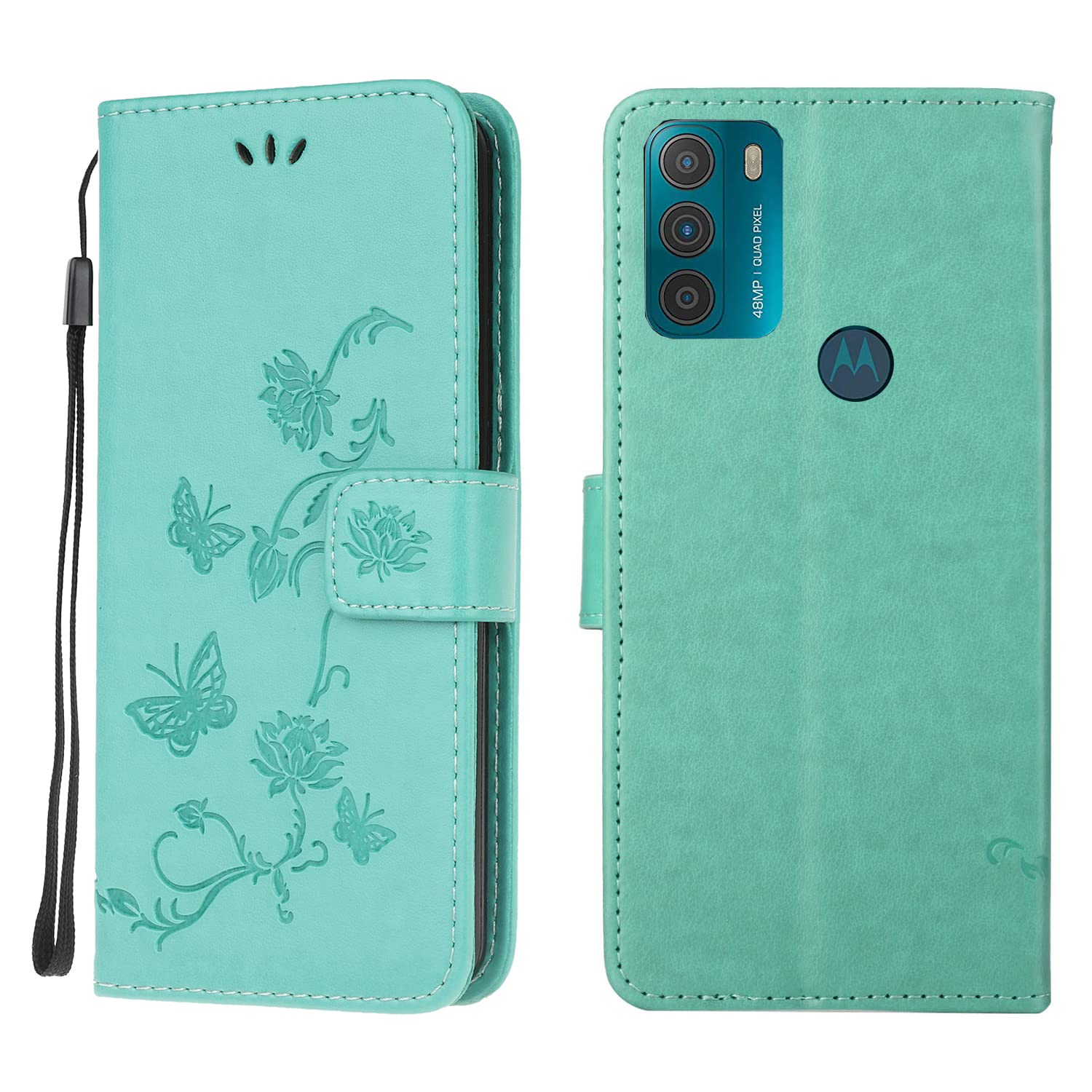 Phone Case for Motorola Moto G30 / Moto G10, Flip PU Leather Notebook Wallet Card Holder Protective Cover Lotus Butterfly Embossed with Magnetic Kickstand TPU Bumper Shockproof Case, Green