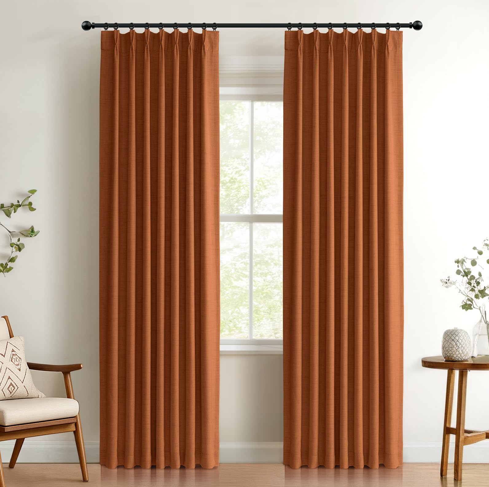 Photo 1 of 100% Blackout Shield Linen Look Textured Pinch Pleated Curtains Blackout Drapes 96 Inch Long 2 Panels Set, Faux Linen Blackout Curtains for Bedroom & Living Room, 40" W x 96" L, Burnt Orange