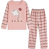 Hupohoi Big Girls Winter Long Sleeve Pajama Sets Cute Cat Patterns Sleepwear Cartoon Pjs
