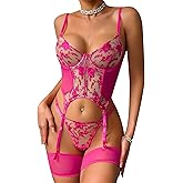 Sexy Lingerie Sets for Women Classy,Lace Womens Corset Teddy Lingerie 3 Piece with Garter Belt