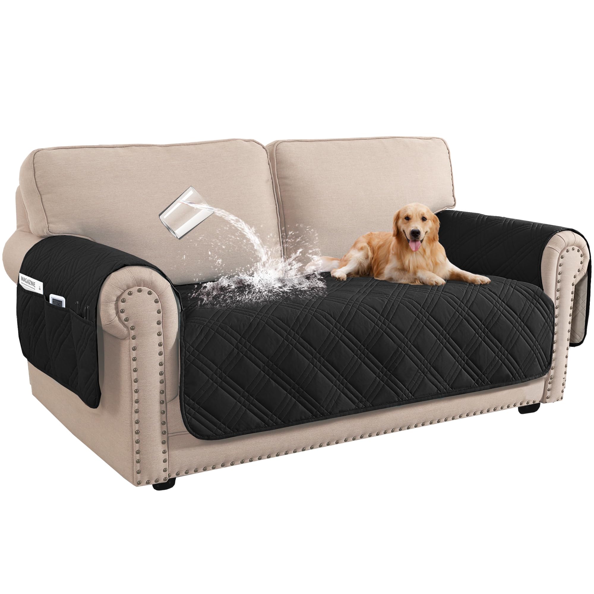 BellaHills 100% Waterproof Sofa Covers, 2 Seater Sofa Covers, Sofa Cover for Living Room, Washable Couch Covers with Side Pocket, Pet Couch Cover Protector (2Seater, Black)