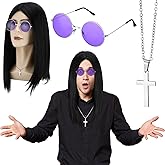 Highergo 3 Pcs Mens 80's Rock Costume Wig with Purple Round Hippie Glasses Cross Pendant Necklace 80s Hip Hop Rock Cosplay Costume Accessories for Men Halloween Cosplay Party Accessories