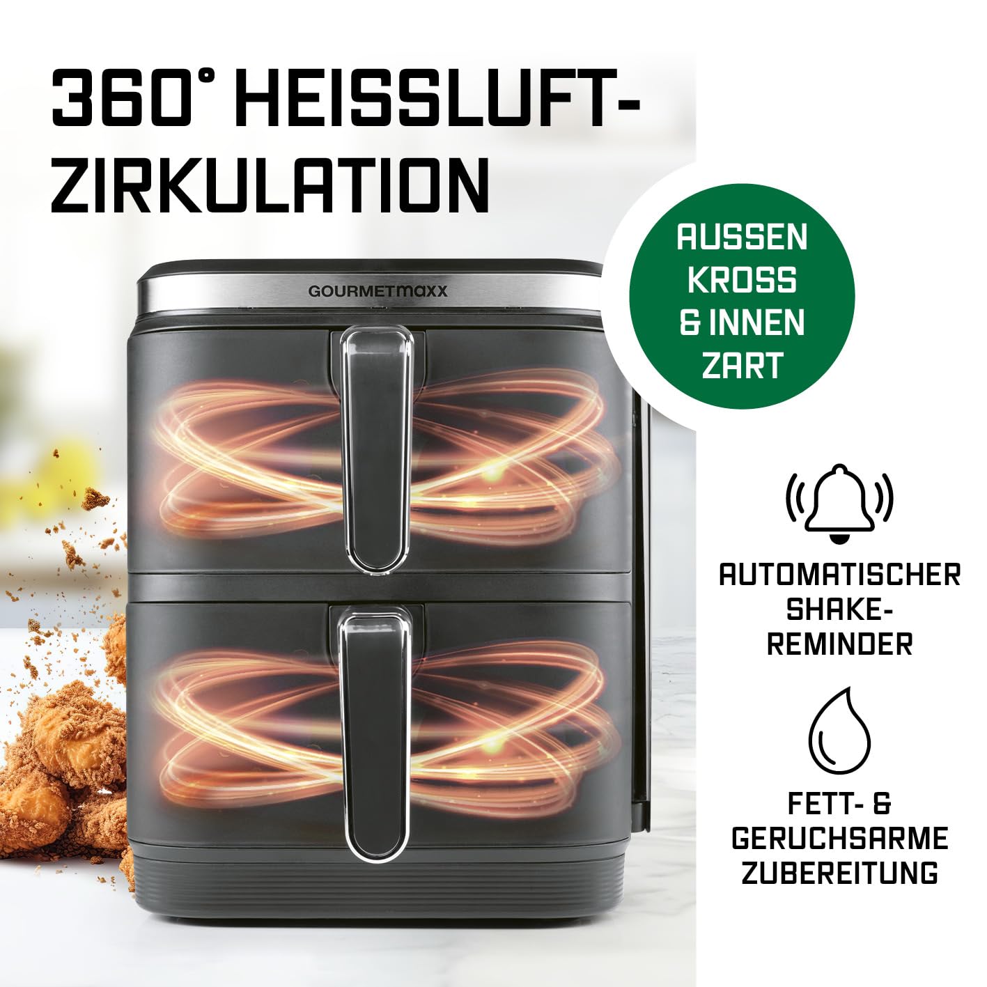 GOURMETmaxx FryUp Vertikale Doppelkammer Heißluftfritteuse | vertikaler Airfryer | klappbares Touchdisplay | 32% platzsparender | Fassungsvermögen 10L | Heißluftfritteuse 2 Kammern 5