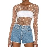 Naileksi Women Pearl Rhinestone Sheer Mesh Crop Top Sexy See Through Long Sleeve Slim Fit Cropped Blouse Shirt Clubwear