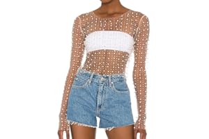 Naileksi Women Pearl Rhinestone Sheer Mesh Crop Top Sexy See Through Long Sleeve Slim Fit Cropped Blouse Shirt Clubwear
