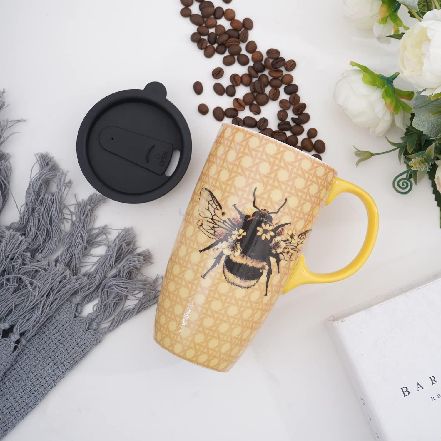 DUSVALLY 17oz Bee Ceramic Travel Mug - Leak Proof Lid & Easy Grip Handle, Ideal for Office, Garden and Daily Use