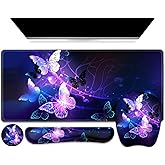 NXZGO Large Mouse Pad with Wrist Support 4in1 Set, XXL Game Mousepad + Keyboard Wrist Rest+Mouse Wrist Rest+Coaster with Ergonomic Design Gaming Mat for Home Office Table Computer I Purple Butterfly