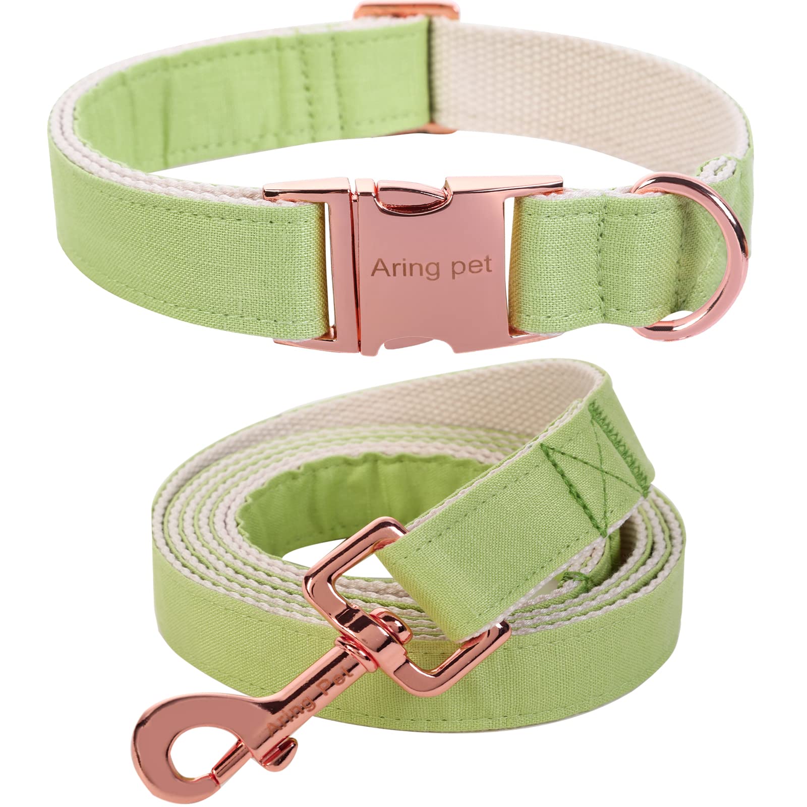 ARING PET Dog Collar and Leash Set, Cotton Green Dog Collar with Leash, Adjustable Spring Dog Leash and Collars with Metal Buckle for Small Medium Large Boy and Girl Dogs