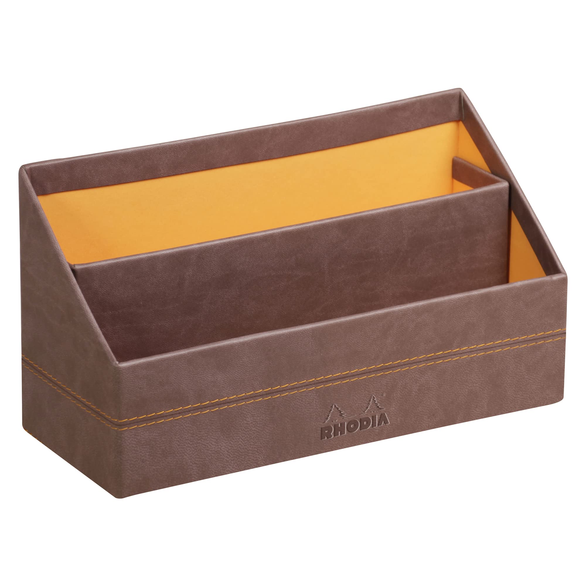 RHODIA 318843C - Chocolate Letter Holder - 25x10x14 cm - Orange Saddle Stitching - Faux Leather Exterior - Rhodiarama Home Office Collection - Office Organization & Designer Storage