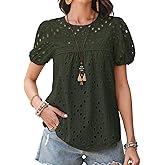 Falechay Womens Summer Tops Crewneck Short Sleeve Shirts Casual Babydoll Chiffon Blouses Eyelet Flowy Lace Hem Boho Clothing