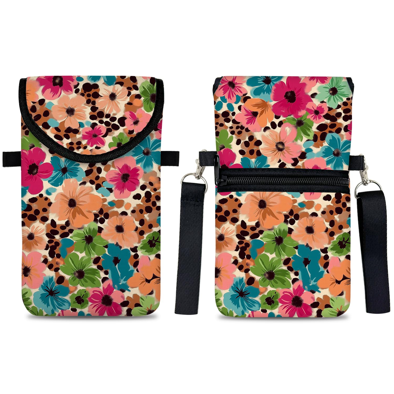 otilil Neoprene Cell Phone Sleeve Pouch Case Bag with Crossbody Strap Neck Lanyard for Women 7.5 X 4.3 in Floral Pattern