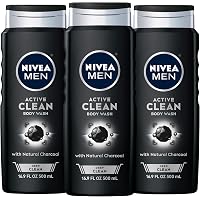 NIVEA MEN DEEP Active Clean Charcoal Body Wash, Cleansing Body Wash with Natural Charcoal, 3 Pack of 16.9 Fl Oz Bottles