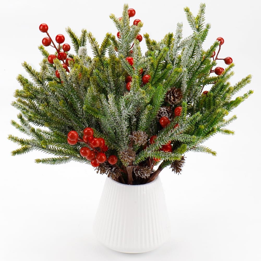 Photo 1 of 6Pcs Christmas Norfolk Pine Branches with 6Pcs Red Berry Stems 14" Artificial Snowy Pine Branch with Cone Fake Frosted Greenery Stems DIY Faux Evergreen Pine Needles for Xmas Wreath Vase Decor