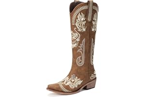 Lumeheel Cowboy Boots for Women - Knee High Western Cowgirl Boots, Sparkly Rhinestone Retro Country Boots with Classic Embroidered, Pointed Toe Chunky Heel Pull on Zipper Fashion Vintage Tall Boots