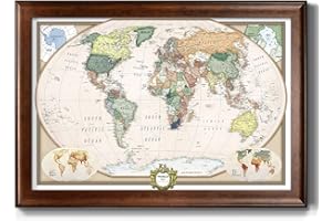 Renditions Gallery Colorful World Map Canvas Wall Art with Walnut Frame Wall Hanging Travel Map with Push Pins for Home, Office, Classroom