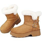 Goldnut Platform Women's Ankle Winter Boot, Chunky Low Heel Snow Boots With Fashion Buckle Slip-On Cozy Outdoor Short Booties
