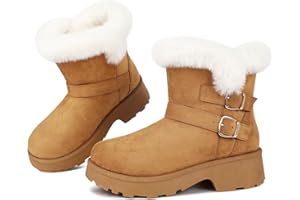 Goldnut Platform Women's Ankle Winter Boot, Chunky Low Heel Snow Boots With Fashion Buckle Slip-On Cozy Outdoor Short Booties