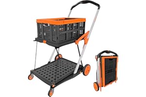TORRYZA Folding Shopping Cart, Multi use Functional Collapsible Carts,360°Swivel Wheels, Mobile Folding Trolley with Storage Crate,Shopping Cart for Groceries,Luggage,Travel,House,Office，Orange
